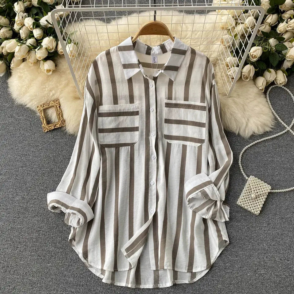 2026 Summer, Spring and Autumn New Mid-Length Vertical Striped Multi-Color Shirt Jacket for Women, Korean Style Casual Loose Top