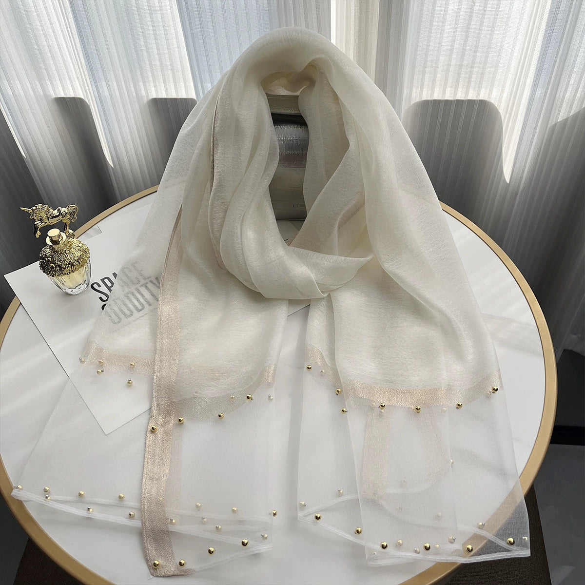 2025 Border Gold Edge Silk Scarf Classic Plaid Beaded Scarf Sunscreen Silk Scarf Gift Box Premium Sense