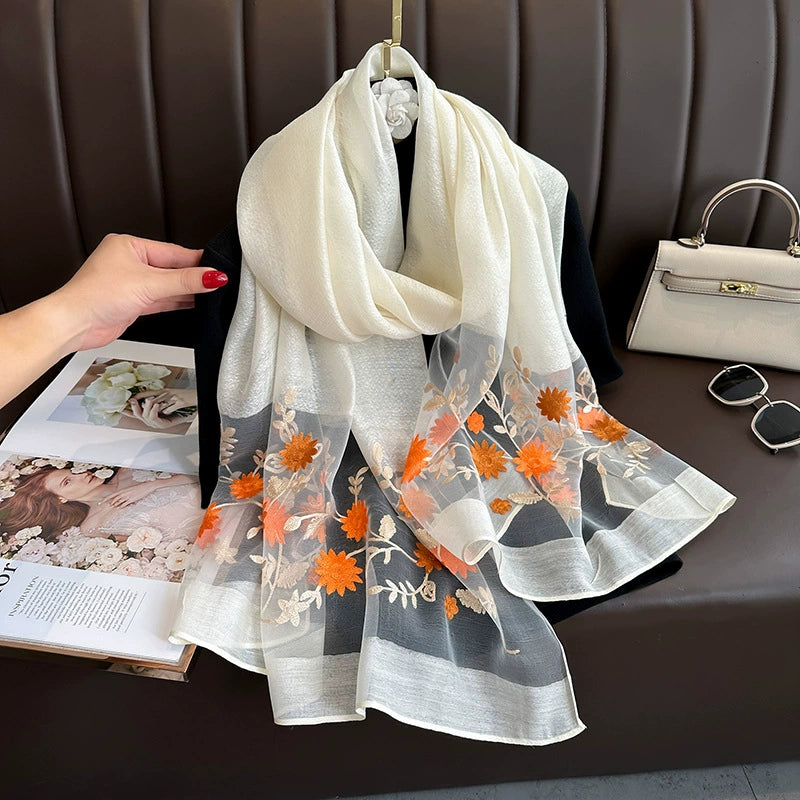 Spring and Autumn New Beaded Imitation Silk Scarf for Women Elegant and Versatile Embroidered Begonia Flower Long Scarf Summer Sunscreen Gauze Scarf