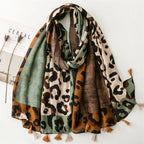 Foreign Trade Cross-border Export Retro Cotton and Linen Scarf Thick Green Leopard Scarf Warm Tassel Shawl Accessories