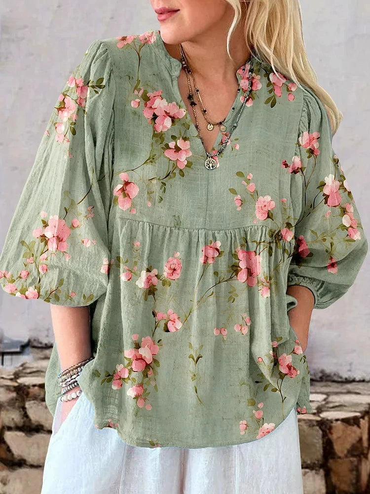 2025 New European and American Fashion Shirts Independent Station Hot Selling V Neck Flower Print Puff Sleeve Women's Shirts
