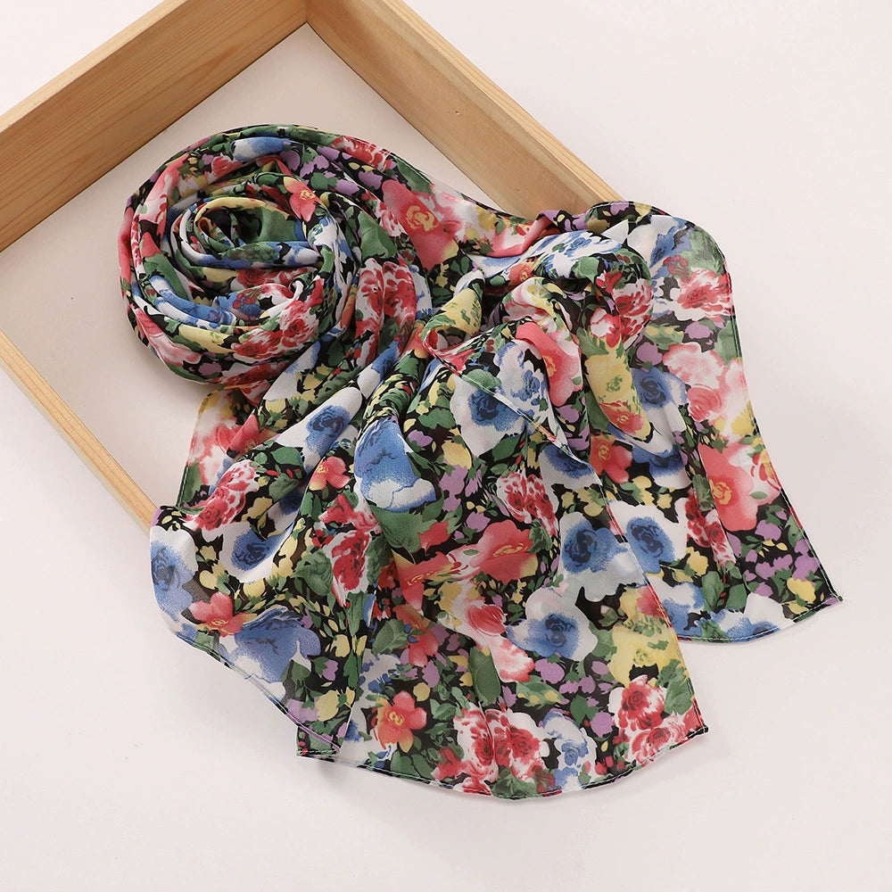New Malaysian Pearl Chiffon Silk Scarf Rose Print Hijab Hui Turban Gauze Scarf Wholesale