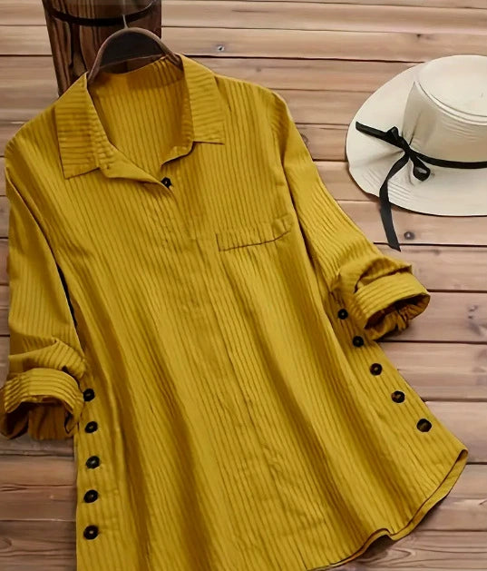 Spring and Autumn 2025 New Women's Solid Color Striped Button Cotton Linen False Pocket Striped Long Sleeve Long Shirt Top