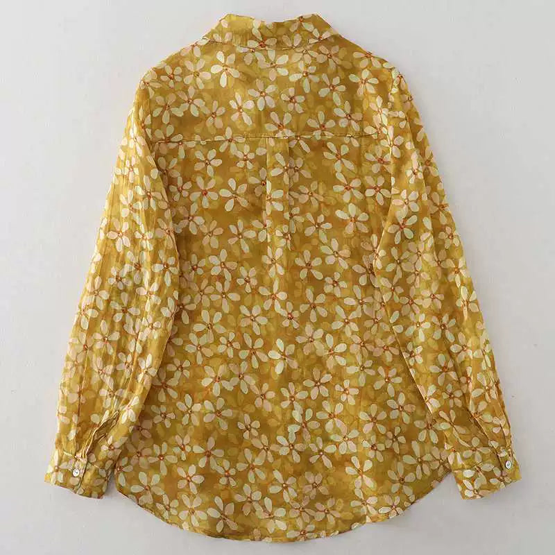 Real Shot Cotton Linen Linen Floral Shirt Joker Good Quality Autumn New Artistic 2024 French Yellow Printed Shirt