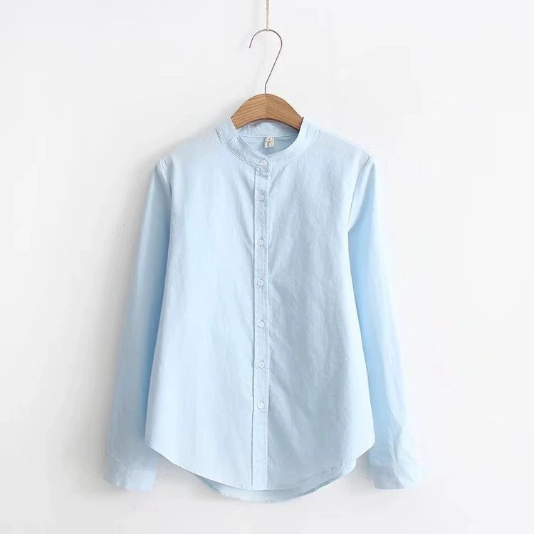 2025 Autumn New Versatile Stand Collar Cotton Shirt for Women, Long Sleeve, Fresh College Style Student Shirt for Layering
