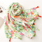 Spring and Summer Elegant Socialite Elegant Fresh Pink Green Bright Flowers Birds Herringbone Cotton Linen Scarf Scarf Shawl