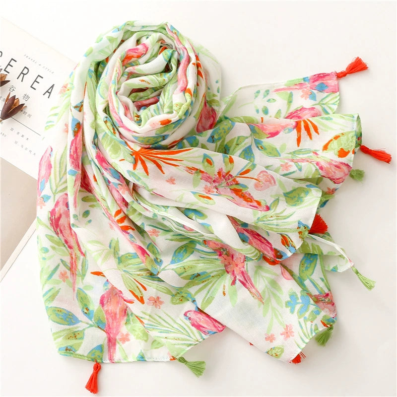 Spring and Summer Elegant Socialite Elegant Fresh Pink Green Bright Flowers Birds Herringbone Cotton Linen Scarf Scarf Shawl