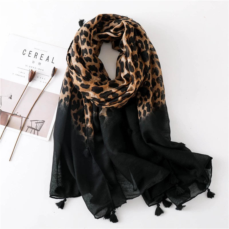 European and American Classic Fashion Leopard Print Scarf Spring Autumn and Winter Long All-match Women's Korean Style Cotton Linen Silk Scarf Dual-purpose Shawl