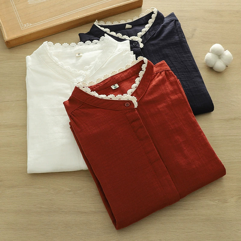 Spring Cotton Long-sleeved Shirt with Ledge Collar for Women Japanese Mori Style Simple Single-breasted Solid Color Comfortable All-match Top