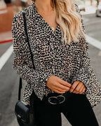 European and American cross-border new women's V-neck leopard print front pocket back pleated button long sleeve fashion casual shirt