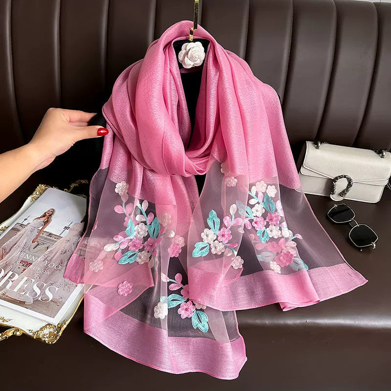 Spring and Autumn New Beaded Imitation Silk Scarf for Women Elegant and Versatile Embroidered Begonia Flower Long Scarf Summer Sunscreen Gauze Scarf