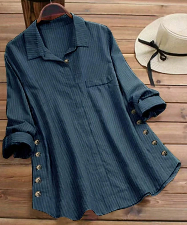 Spring and Autumn 2025 New Women's Solid Color Striped Button Cotton Linen False Pocket Striped Long Sleeve Long Shirt Top