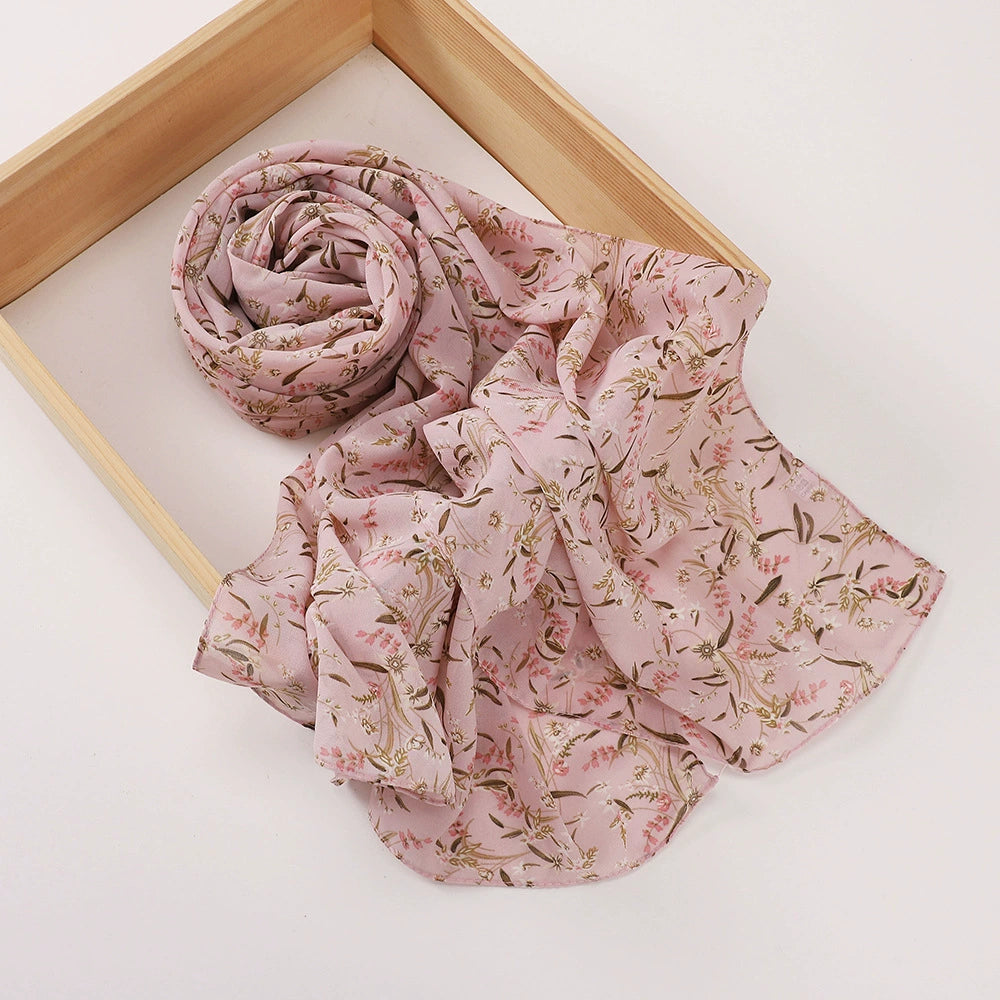 New Malaysian Pearl Chiffon Silk Scarf Rose Print Hijab Hui Turban Gauze Scarf Wholesale