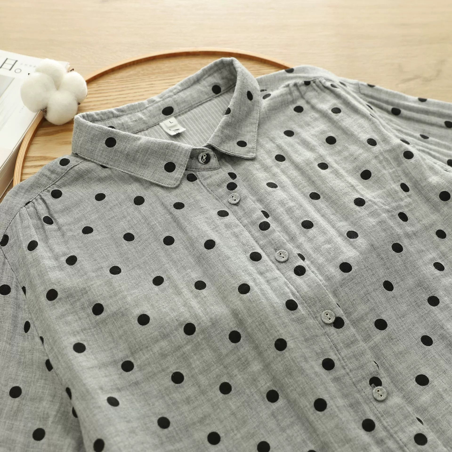 Factory Direct Sale Japanese Retro Polka Dot Print Artistic All-Cotton Double-Layer Gauze Shirt for Women Cotton Gauze Doll Collar Shirt