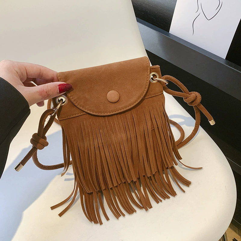 2024 Autumn and Winter New Suede Personalized Tassel Buckle Mobile Phone Bag Frosted Retro Ethnic Style Single Shoulder Crossbody Bag
