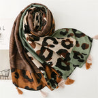Foreign Trade Cross-border Export Retro Cotton and Linen Scarf Thick Green Leopard Scarf Warm Tassel Shawl Accessories