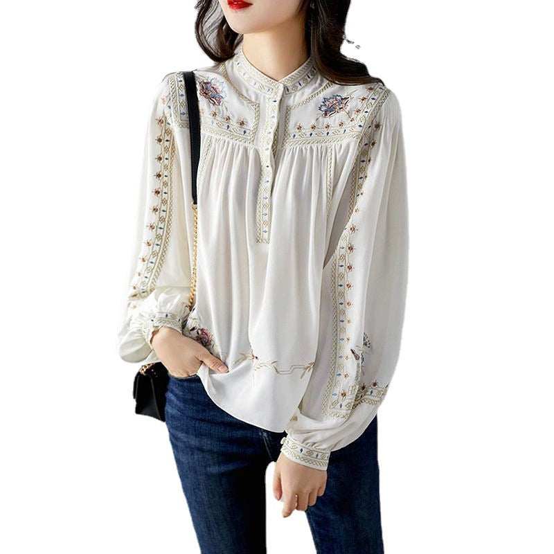 2026 Spring and Autumn New Fashion Versatile Printed Shirt for Women, Stand Collar Bohemian Style Loose Chic Top