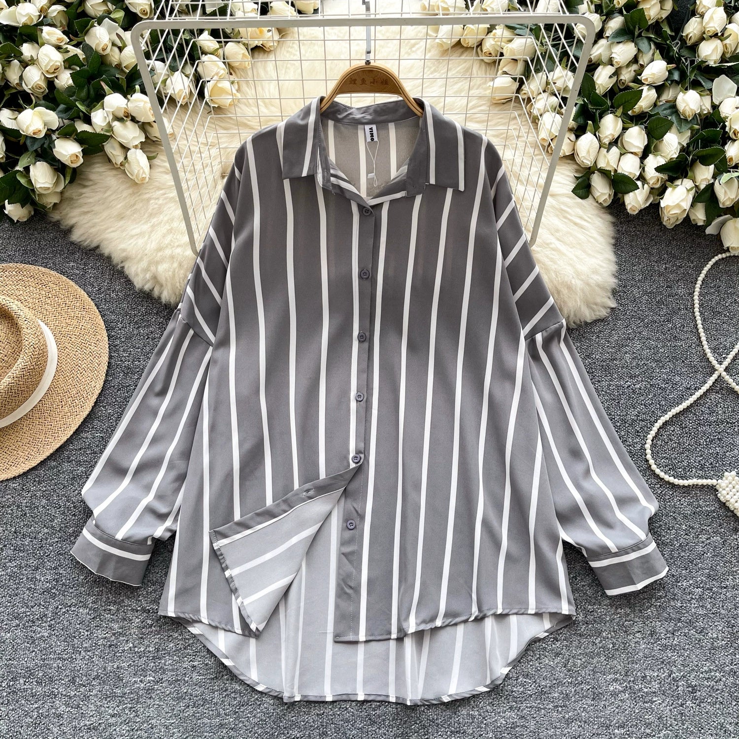 Women's Long-Sleeved Striped Shirt, New Autumn Style, European and American Style, Casual, Versatile, Loose Fit, Slimming, Mid-Length, Plus Size Shirt, Trendy