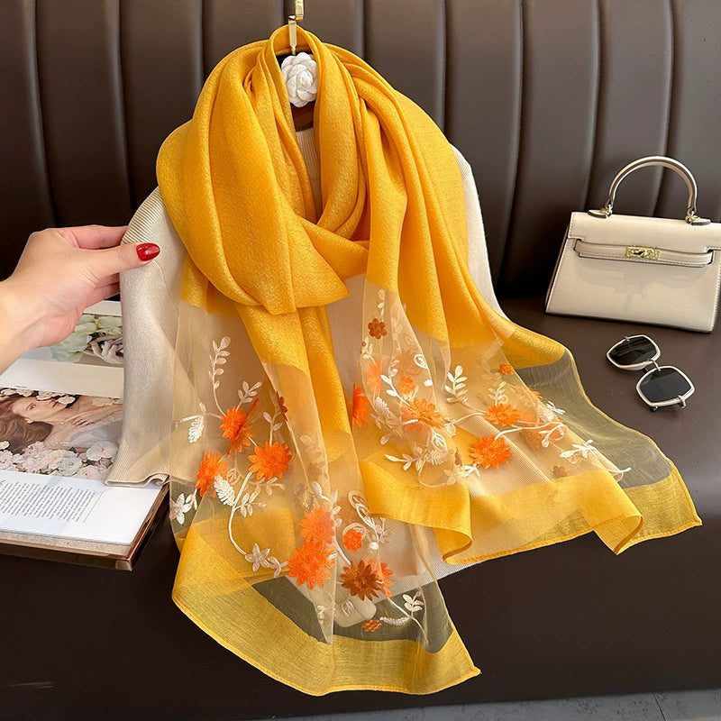Spring and Autumn New Beaded Imitation Silk Scarf for Women Elegant and Versatile Embroidered Begonia Flower Long Scarf Summer Sunscreen Gauze Scarf