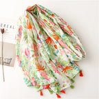 Spring and Summer Elegant Socialite Elegant Fresh Pink Green Bright Flowers Birds Herringbone Cotton Linen Scarf Scarf Shawl