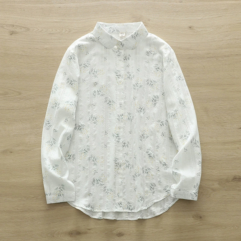 2025 Spring and Autumn New Fresh Style Floral Print Cotton Shirt Women's Long Sleeve Lapel Commuter Printed Shirt Top