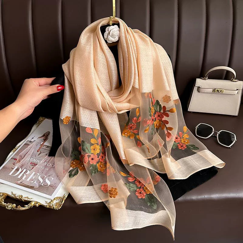 Spring and Autumn New Beaded Imitation Silk Scarf for Women Elegant and Versatile Embroidered Begonia Flower Long Scarf Summer Sunscreen Gauze Scarf