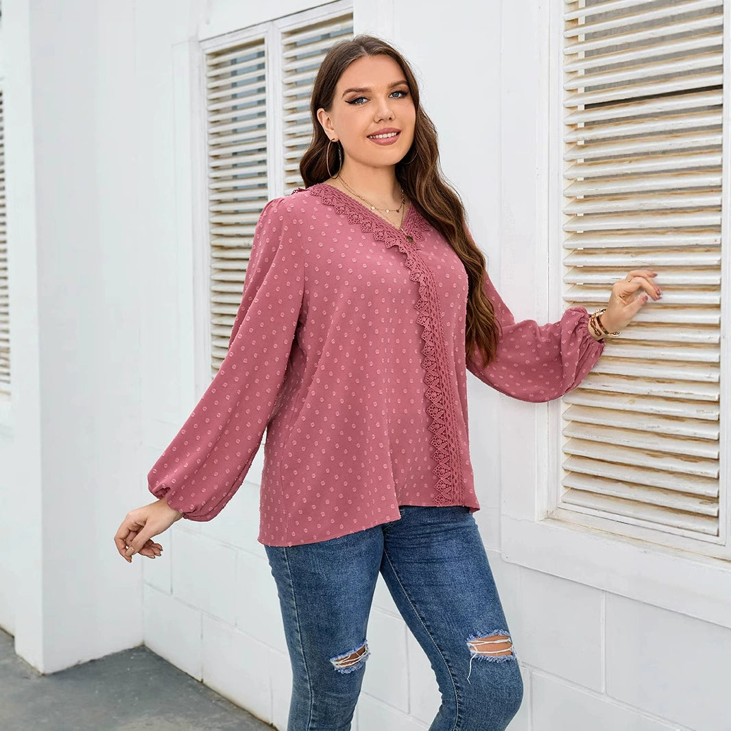 2022 European and American Style Cross-Border Trade Solid Color Woven Elegant Commuter Off-Shoulder Korean Version Long-Sleeve Chiffon Blouse Plus Size