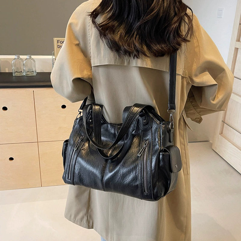 Handbag European and American Retro Pure Color Simple Texture Shoulder Bag Large Capacity Business Trip Commuting Versatile Casual Tote Bag