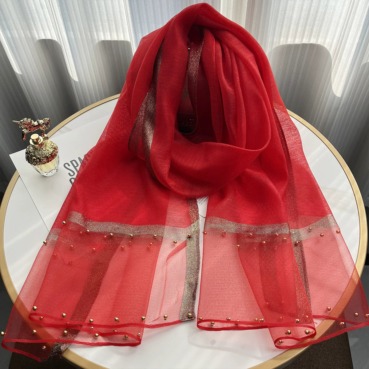 2025 Border Gold Edge Silk Scarf Classic Plaid Beaded Scarf Sunscreen Silk Scarf Gift Box Premium Sense