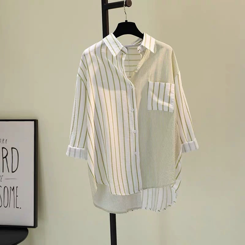 Cotton Linen Single Pocket Color-matching Striped Shirt Women's Spring New Korean Style Artwork Style Loose Casual Shirt Top Trendy