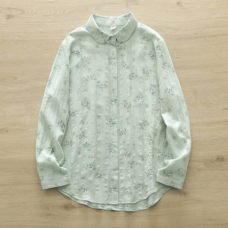 2025 Spring and Autumn New Fresh Style Floral Print Cotton Shirt Women's Long Sleeve Lapel Commuter Printed Shirt Top