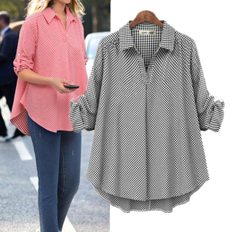 Aliexpress Amazon 2020 Export Autumn New European and American Plus Size Women's Long-sleeved Tops Loose Plaid Shirts