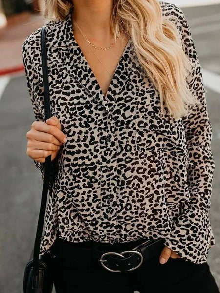 European and American cross-border new women's V-neck leopard print front pocket back pleated button long sleeve fashion casual shirt