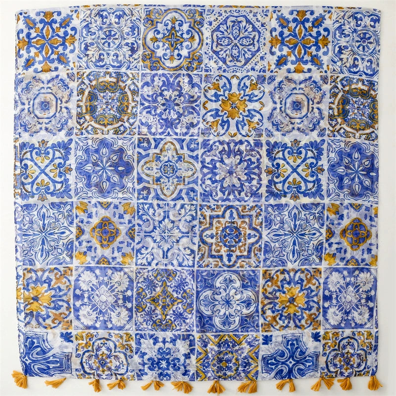 Scarf Thin Foreign Trade Cross-border Export Silk Scarves Spring and Summer Color Bohemian Blue Window Flower Bali Yarn Tassel Shawl