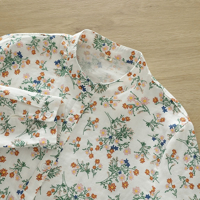 Japanese style floral shirt Women's stand collar elegant loose all-match top long sleeve printed top women's wholesale