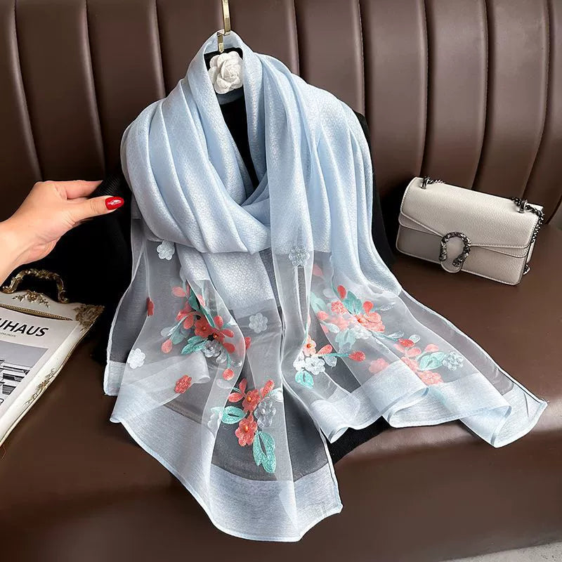 Spring and Autumn New Beaded Imitation Silk Scarf for Women Elegant and Versatile Embroidered Begonia Flower Long Scarf Summer Sunscreen Gauze Scarf