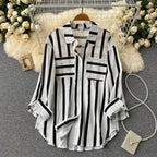 2026 Summer, Spring and Autumn New Mid-Length Vertical Striped Multi-Color Shirt Jacket for Women, Korean Style Casual Loose Top