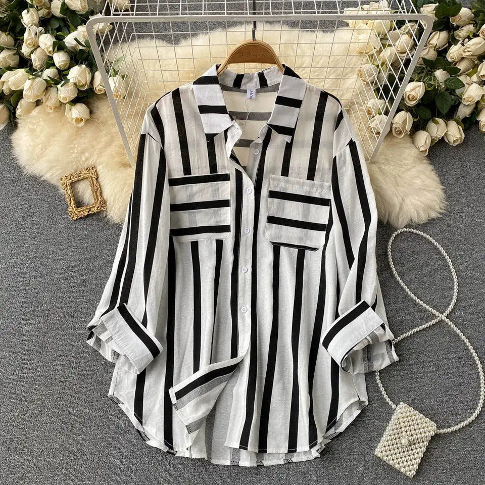 2026 Summer, Spring and Autumn New Mid-Length Vertical Striped Multi-Color Shirt Jacket for Women, Korean Style Casual Loose Top