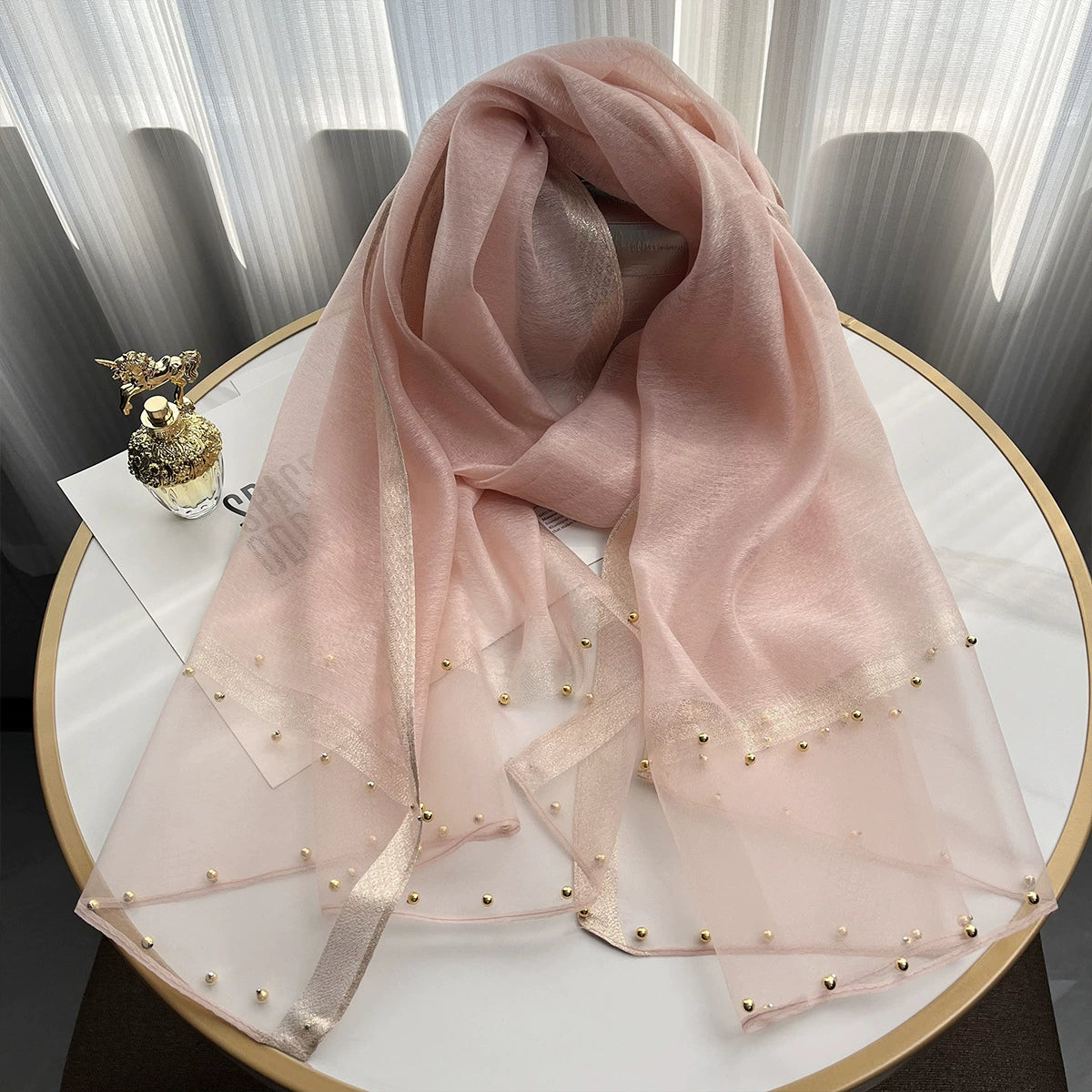 2025 Border Gold Edge Silk Scarf Classic Plaid Beaded Scarf Sunscreen Silk Scarf Gift Box Premium Sense