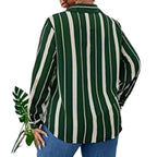 European and American plus size Women's 2025 Spring New V-neck Button Striped Shirt Long Sleeve Blouse