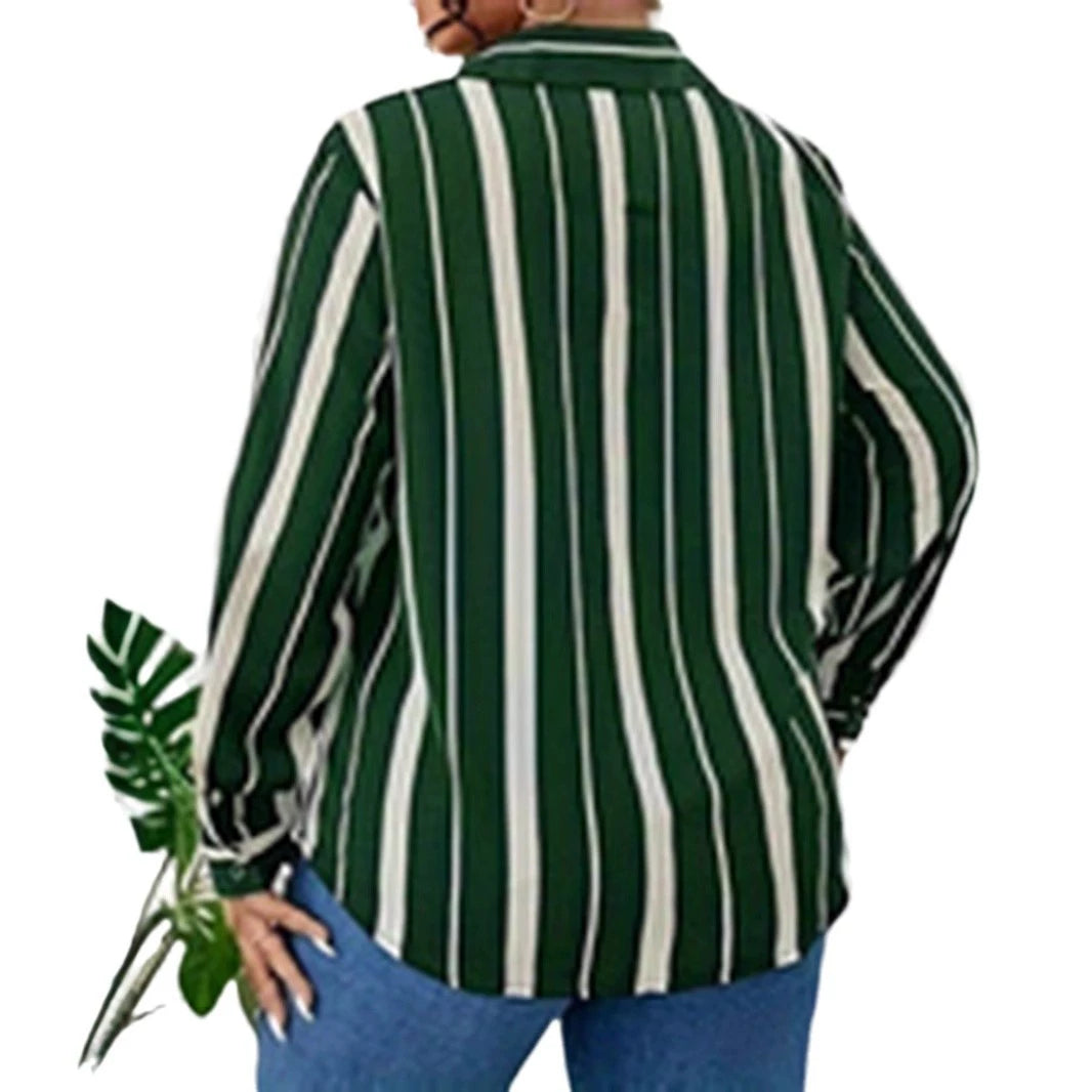 European and American plus size Women's 2025 Spring New V-neck Button Striped Shirt Long Sleeve Blouse