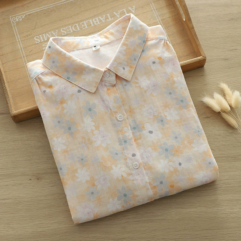 Fresh Flower double-layer cotton yarn cardigan long-sleeved shirt for women 2024 spring new casual slimming top