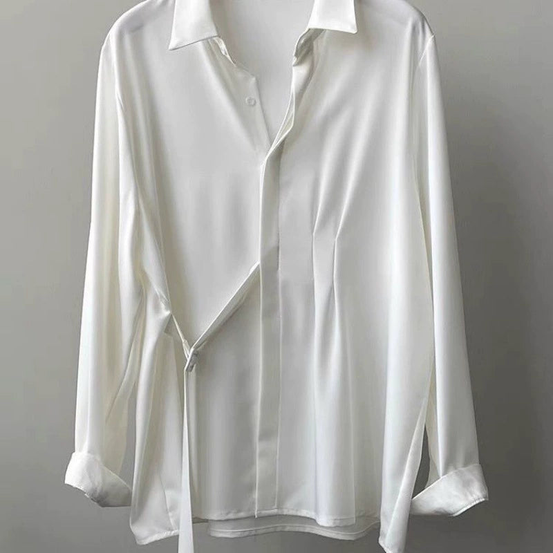 Draped Shirt Women's Long-sleeved Design Niche 2024 Autumn Loose Casual Lace-up French Top