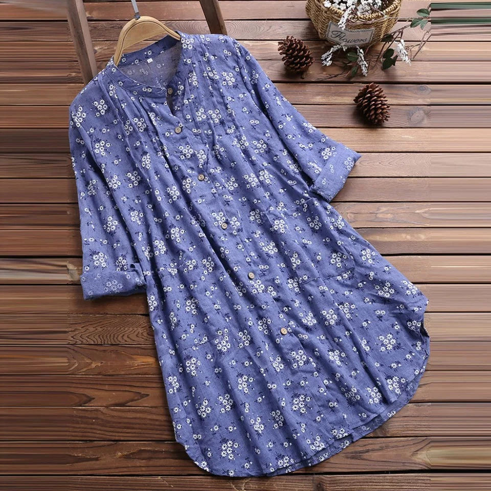 2019 Amazon AliExpress Explosions Women's Shirt New Cotton and Linen Floral Long Loose Shirt