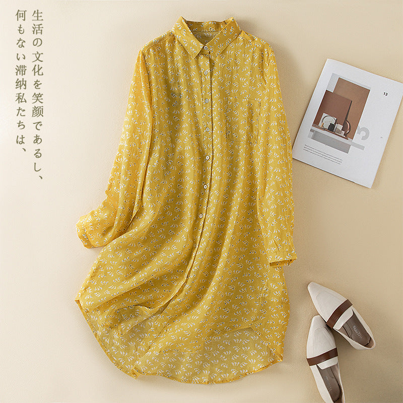 French cut-off Japanese floral shirt mid-length spring and autumn loose casual long-sleeved cotton and linen top for women